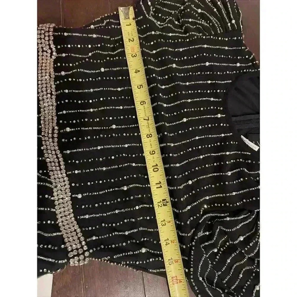 Mac Duggal Long Puff Sleeve Beaded Pearl Evening Midi Dress 2 XS Rhinestone Belt - Picture 8 of 11